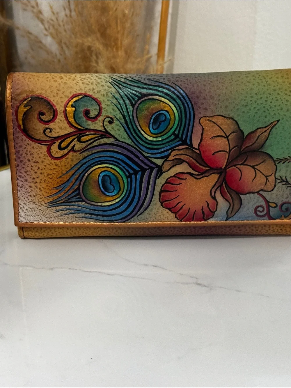 Anuschka Hand-Painted Peacock & Floral Card Holder - Teal, Blue, Green, Orange